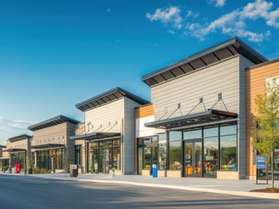 modern retail complex with dynamic angular vinyl siding, creating a visually striking facade that attracts attention