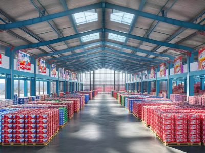 Vast Warehouse with Rows of Pallets